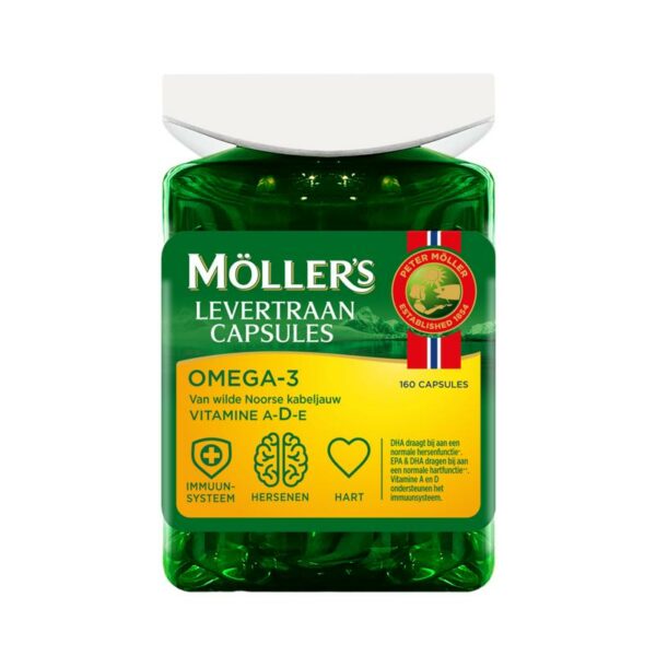 Möller’s Omega-3 Levertraancapsules Ervaar de pure kracht van de oceaan met Möller’s Omega-3 Levertraancapsules. Deze capsules bevatten 100% zuivere Noorse levertraan van wilde Arctische kabeljauw, gevangen in de ongerepte wateren rond Lofoten, Noorwegen. Elke capsule levert een unieke combinatie van natuurlijke omega-3 vetzuren en essentiële vitamines A, D en E, allemaal in een handige en smaakvolle vorm. Belangrijkste voordelen: Pure Noorse Levertraan: Verkregen uit duurzame, wilde kabeljauw. Omega-3 Voordelen: Bevat DHA en EPA voor een gezonde hersen- en hartfunctie. Vitamine Boost: Verrijkt met vitamines A, D3 en E voor een versterkt immuunsysteem. Geen Oprispingen: Zeer lage oxidatiewaarde (totox < 5) voorkomt onaangename oprispingen. Natuurlijke Triglyceridevorm: Beter opneembaar dan ethylesters. Claims: DHA ondersteunt normale hersenfunctie.* DHA en EPA bevorderen een gezonde hartfunctie.** Vitamines A en D dragen bij aan een goed functionerend immuunsysteem. Gebruik: Neem dagelijks 2-4 capsules met water tijdens een maaltijd. Geschikt voor volwassenen en kinderen die capsules kunnen doorslikken, inclusief zwangere vrouwen en vrouwen die borstvoeding geven. Samenstelling (per 2 capsules): Omega-3 vetzuren: 310 mg DHA: 150 mg EPA: 100 mg Vitamine D: 7,5 mcg (150% ADH) Vitamine A: 125 mcg (16% ADH) Vitamine E: Geen Ingrediënten: Levertraan (VIS), rundergelatine (capsule), glycerol, dl-alfa-tocoferylacetaat (vitamine E), natuurlijke tocoferol (antioxidant), vanille aroma, retinylpalmitaat (vitamine A), cholecalciferol (vitamine D). Bewaren: Koel en droog bewaren. Buiten bereik van jonge kinderen houden. Dit product is een voedingssupplement en mag niet worden gebruikt als vervanging voor een gevarieerde voeding. Raadpleeg een deskundige bij gebruik in geval van zwangerschap, lactatie, medicijngebruik en ziekte.