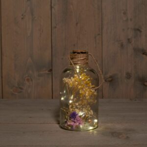 B.O. FLES GLAS MET DROOGBLOEM WIT/GEEL/PAARS 20X9,5CM / 10LED